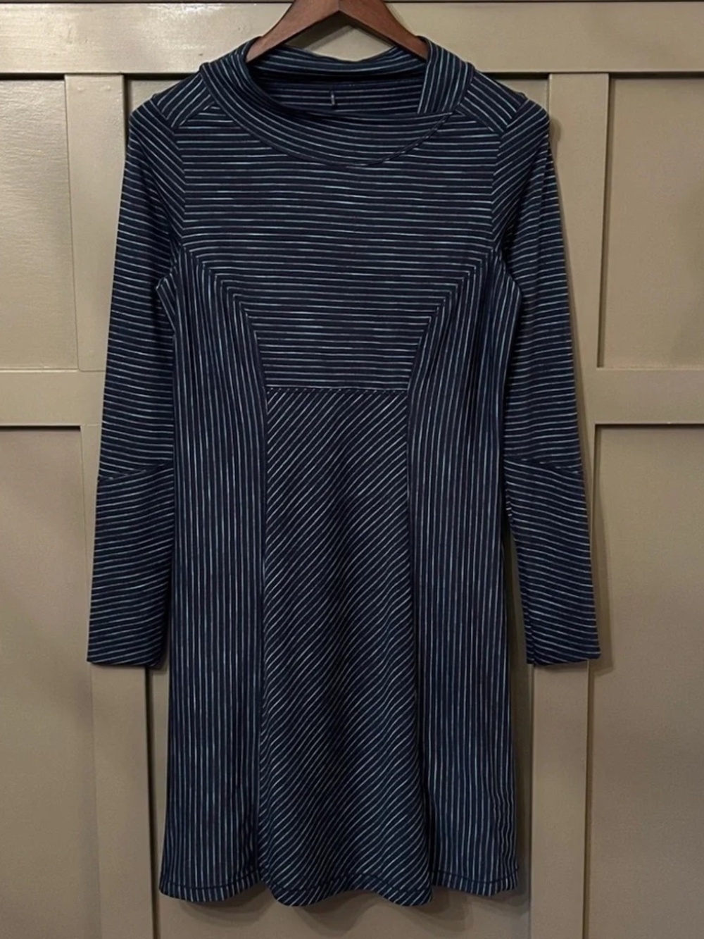 Prana Alicia Dress Scramble Blue Stripe Mock Neck Long Sleeve Size Small